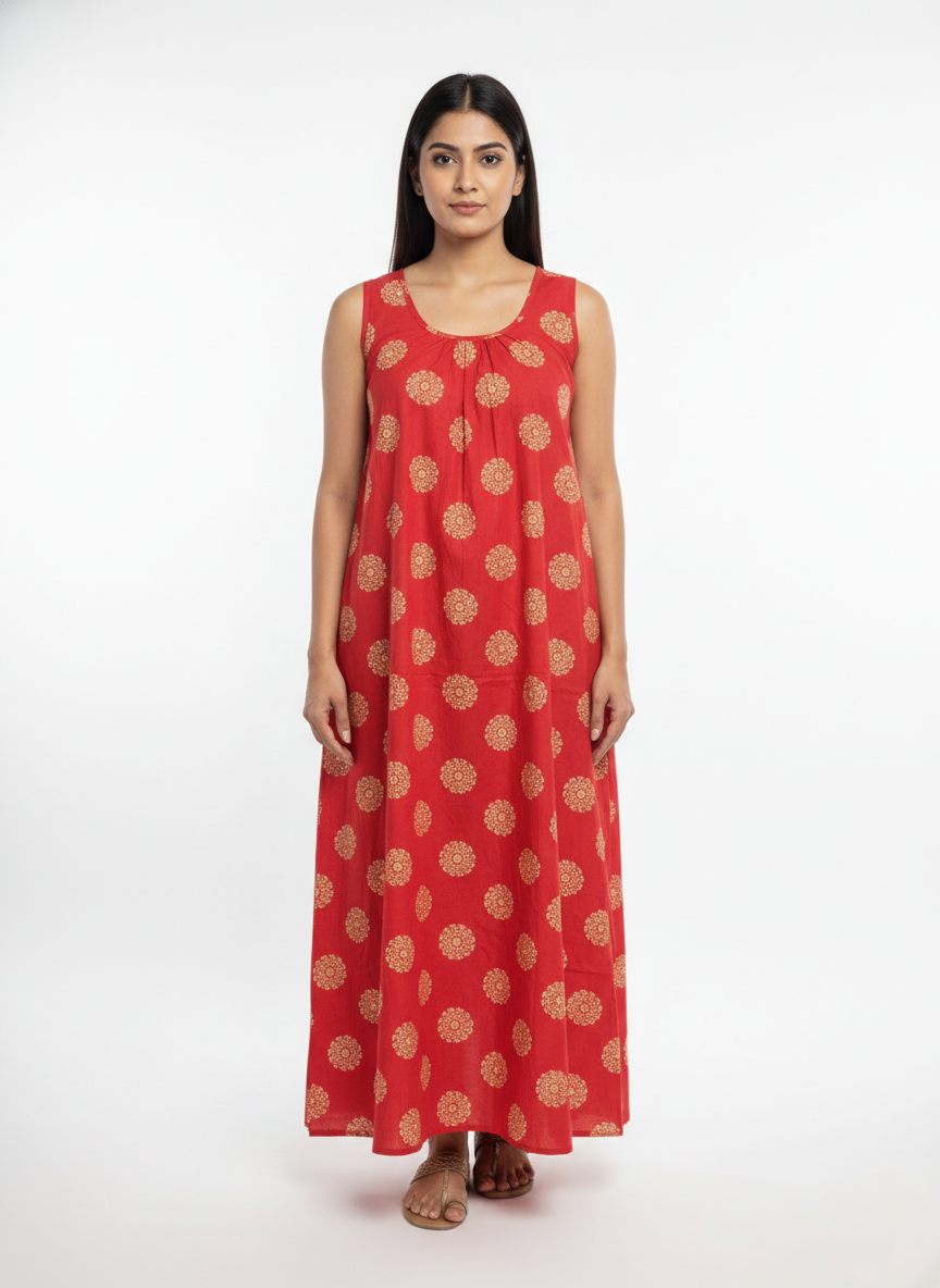 Daily Comfort Ankle-Length Cotton Nighty – Red Floral Print 28