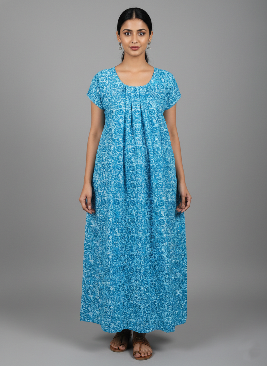 Daily Comfort Ankle-Length Cotton Nighty – Sky Blue Floral Print 4