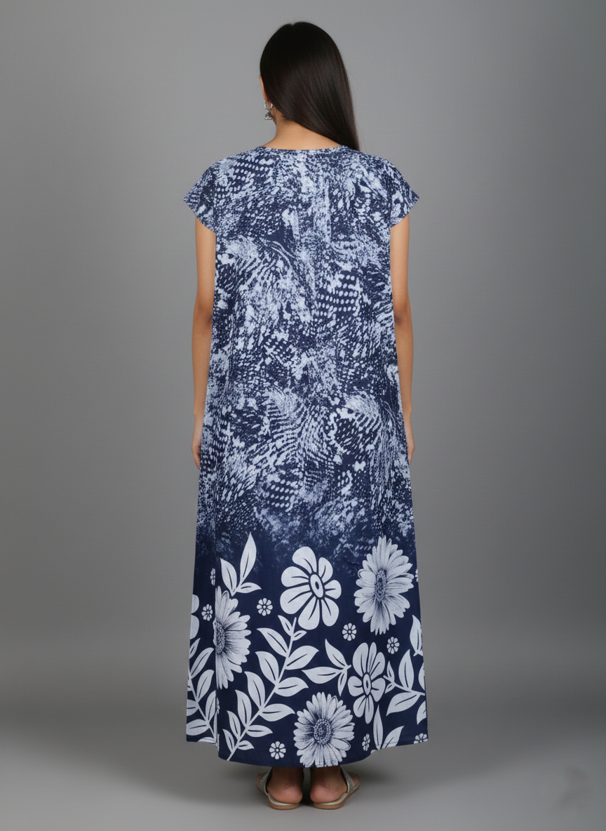 Daily Comfort Ankle-Length Cotton Nighty – Blue Floral Print 5