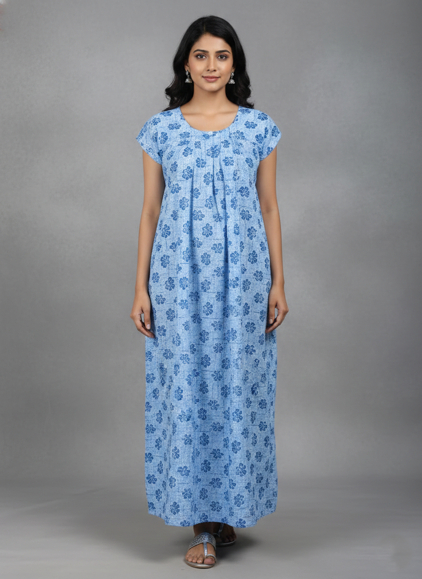 Daily Comfort Ankle-Length Cotton Nighty – Sky Blue Floral Print 10