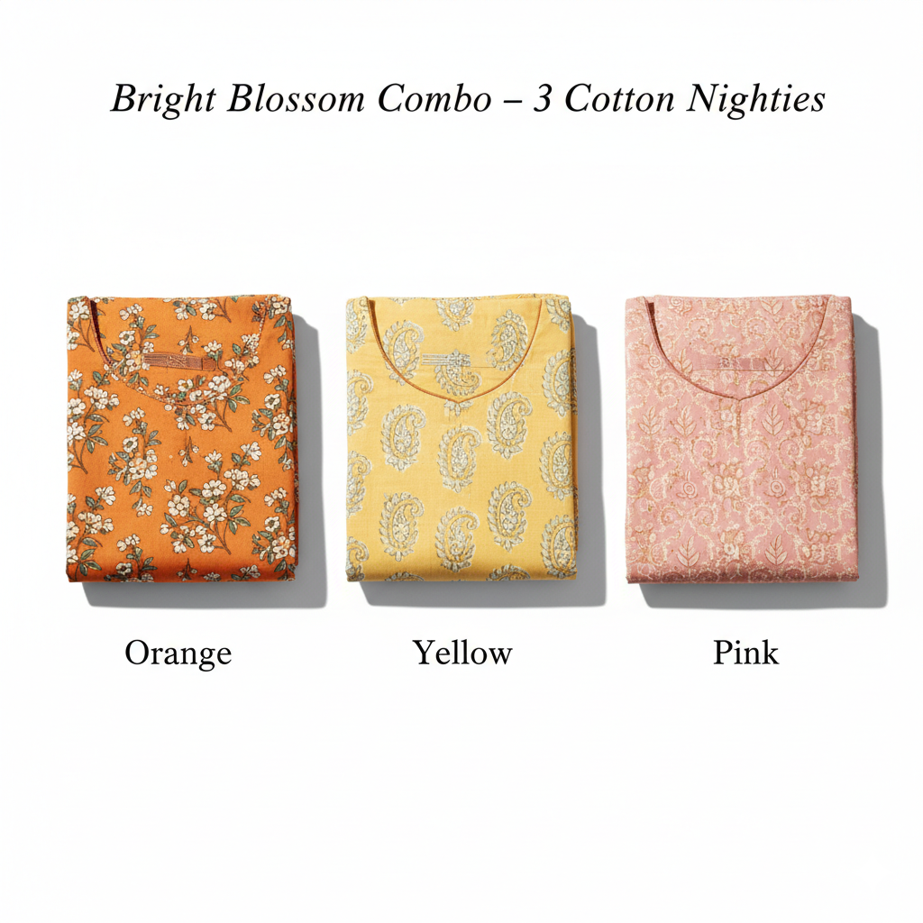Women’s Cotton Nighty Combo of 3 – Bright Blossom (Orange, Yellow & Pink) | Free Size Fits Bust 32–44″ | Soft Cotton Nightwear | Made in India