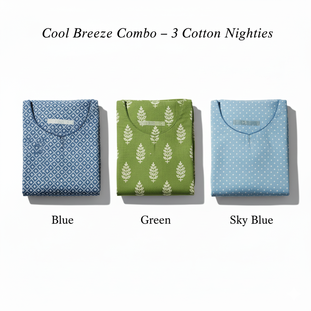 Women’s Cotton Nighty Combo of 3 – Cool Breeze (Blue, Green & Sky Blue) | Free Size | 100% Cotton Soft Nightwear | Made in India