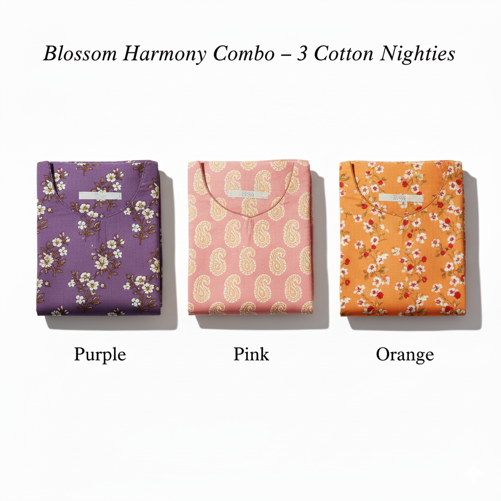 Women’s Cotton Nighty Combo of 3 – Blossom Harmony (Purple, Pink & Orange) | Free Size | Soft Cotton Nightwear | Comfortable Daily Wear