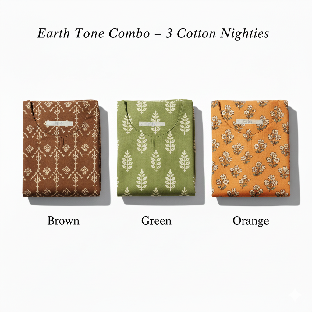 Women’s Cotton Nighty Combo of 3 – Earth Tone (Brown, Green & Orange) | Free Size | Soft Cotton Nightwear for Everyday Comfort