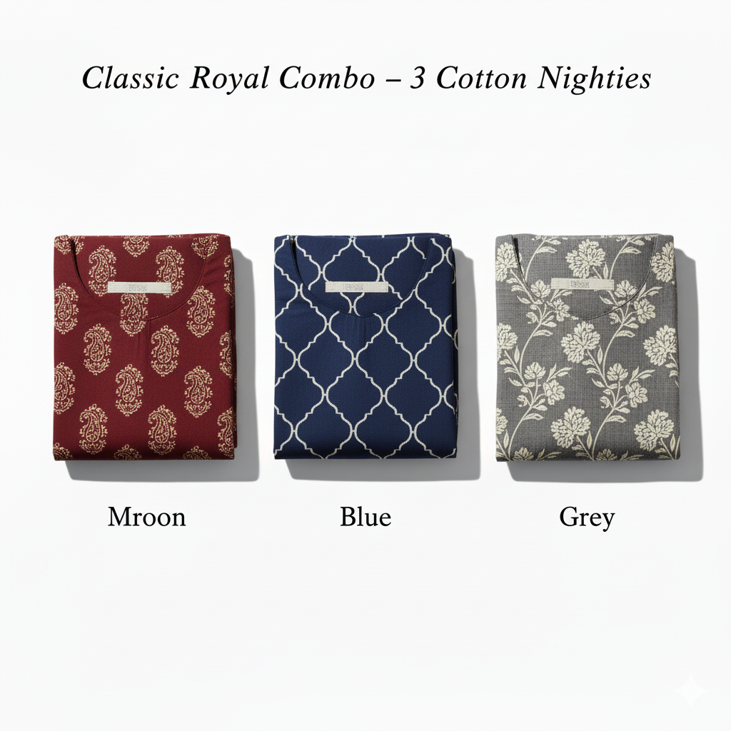 Women’s Cotton Nighty Combo of 3 – Classic Royal (Maroon, Blue & Grey) | Free Size | Soft Cotton Nightwear | Elegant & Premium Look