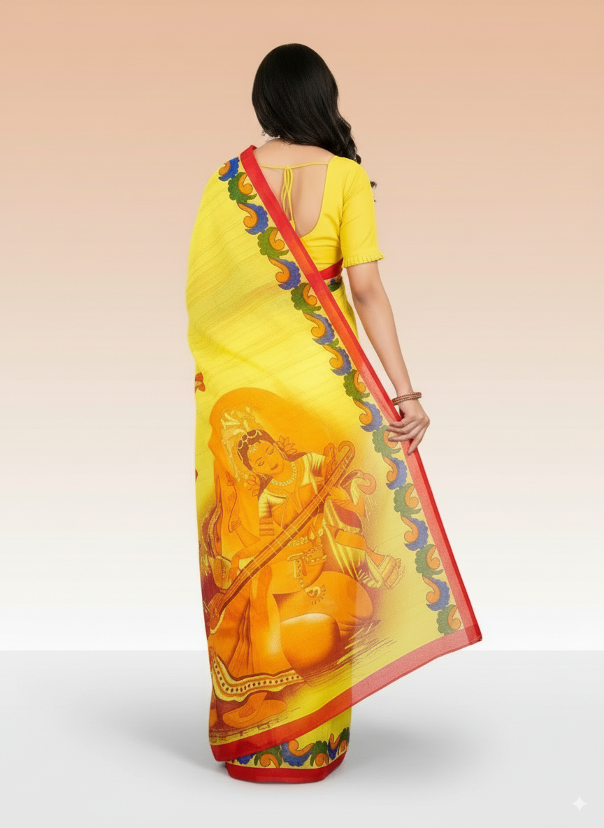 Lemon Yellow Malai Cotton Saree with Goddess Saraswati Print & Red Border – Festive Wear