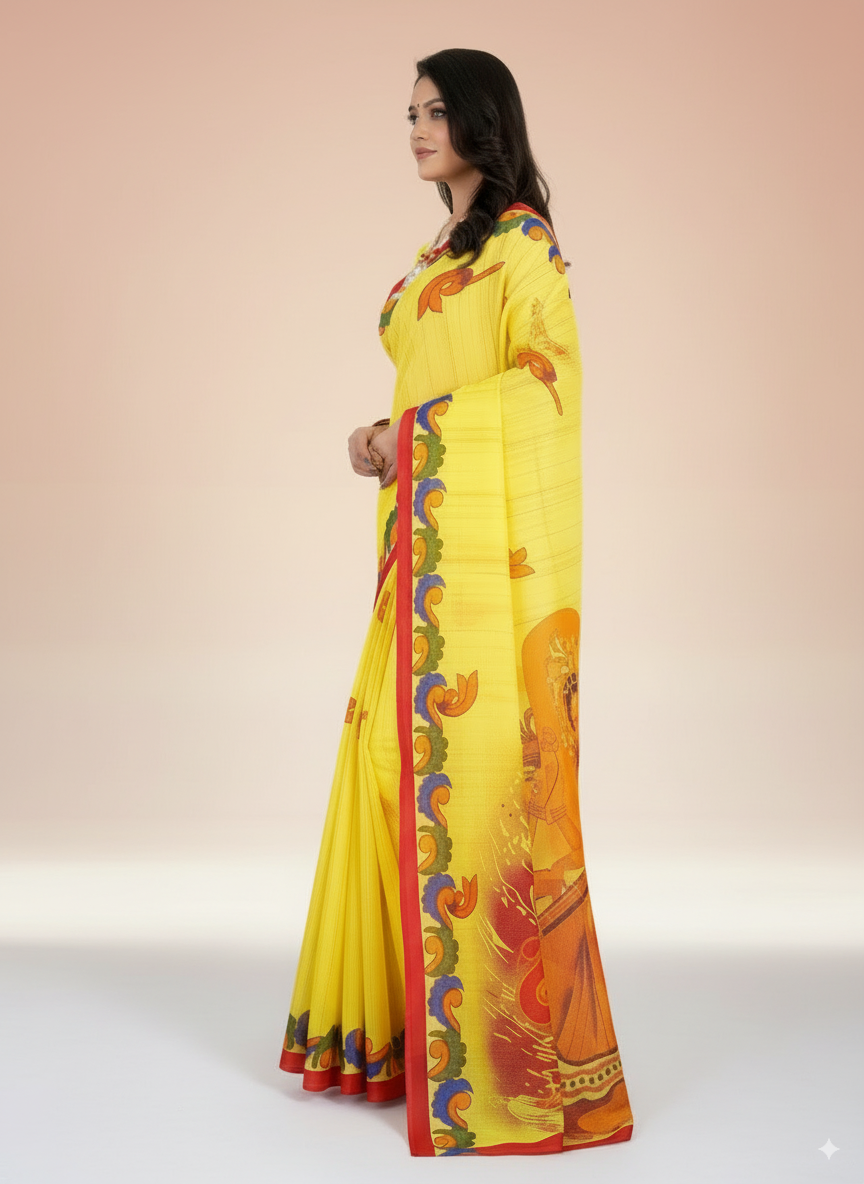 Lemon Yellow Malai Cotton Saree with Goddess Saraswati Print & Red Border – Festive Wear
