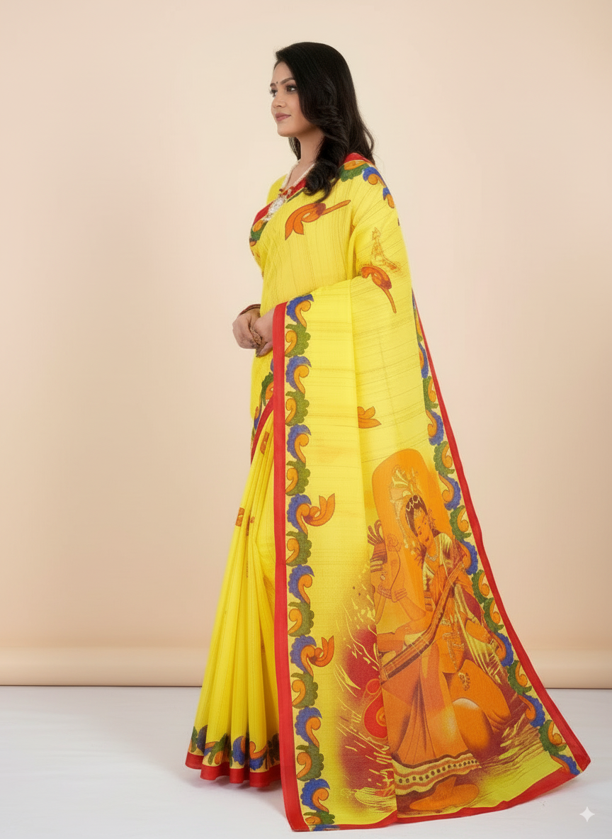 Lemon Yellow Malai Cotton Saree with Goddess Saraswati Print & Red Border – Festive Wear