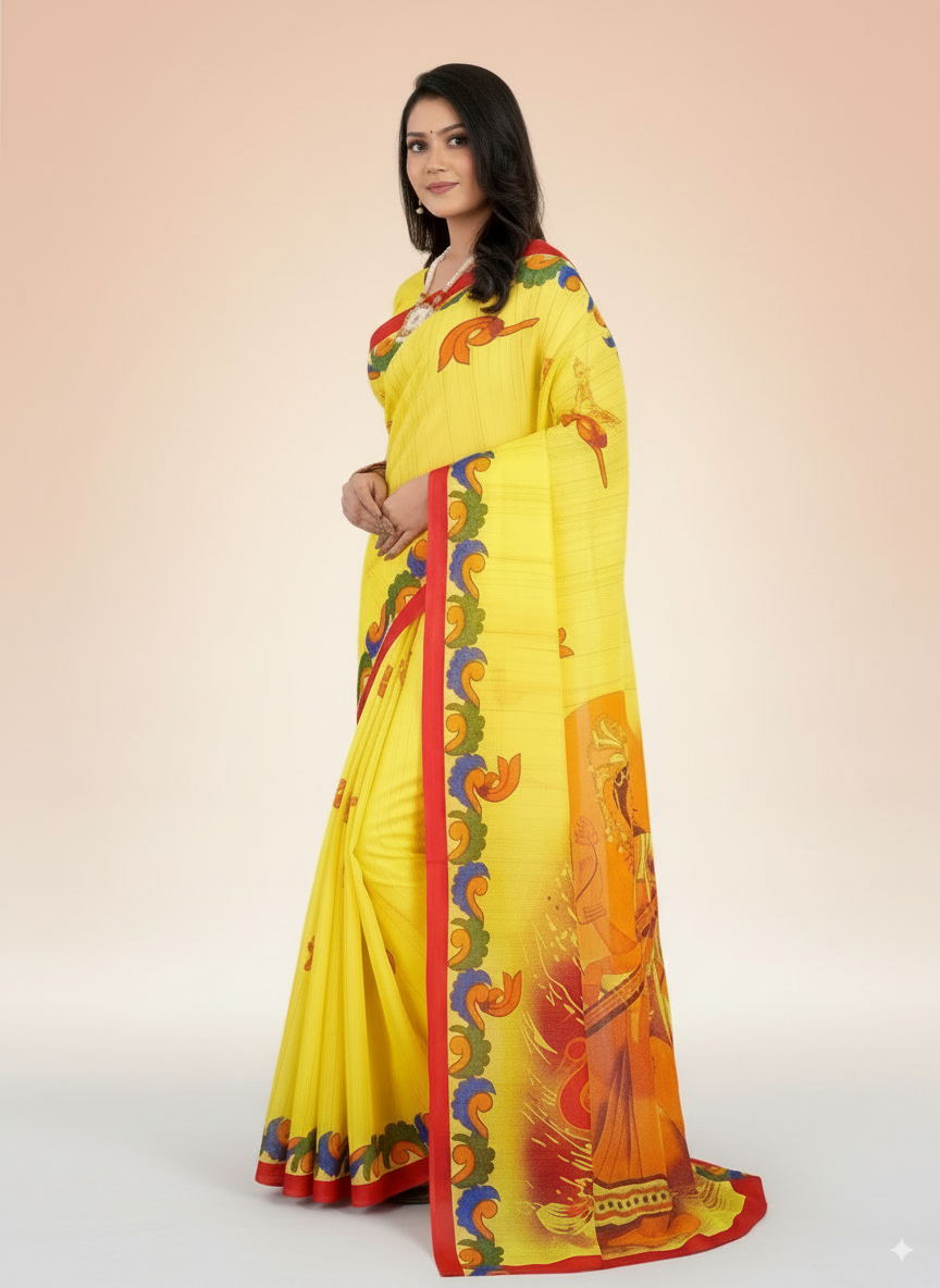 Lemon Yellow Malai Cotton Saree with Goddess Saraswati Print & Red Border – Festive Wear