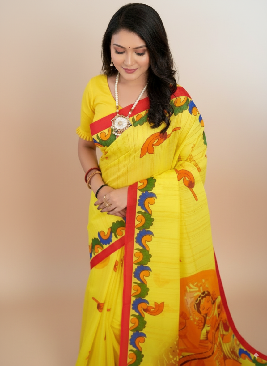 Lemon Yellow Malai Cotton Saree with Goddess Saraswati Print & Red Border – Festive Wear