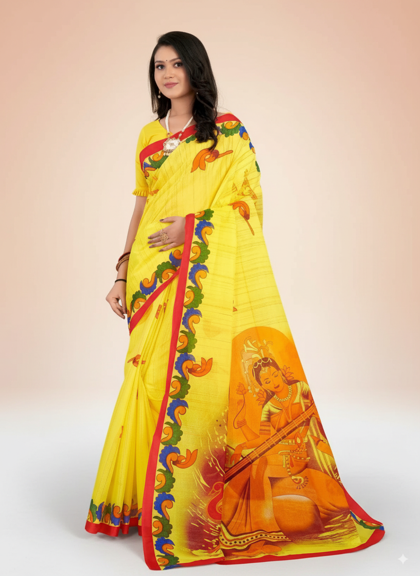 Lemon Yellow Malai Cotton Saree with Goddess Saraswati Print & Red Border – Festive Wear