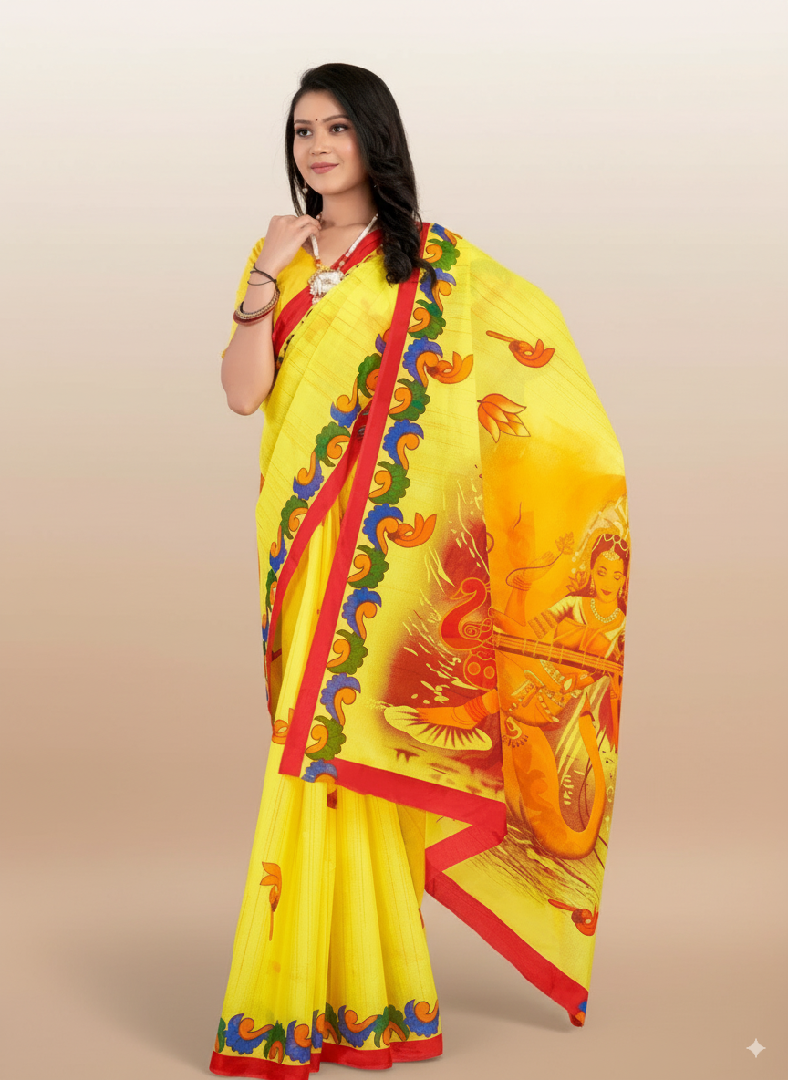 Lemon Yellow Malai Cotton Saree with Goddess Saraswati Print & Red Border – Festive Wear