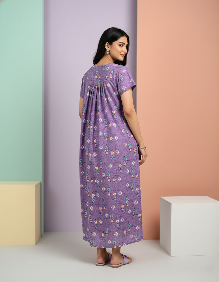 Purple Pure Cotton Nighty | Free Size | Limited Edition Design | Print 1