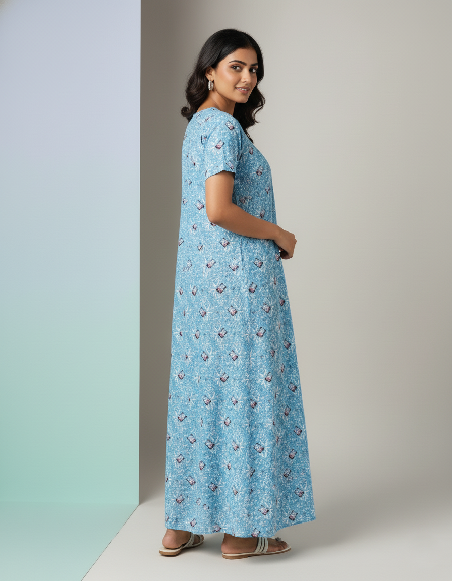 Teal Green Pure Cotton Nighty | Free Size | Limited Edition Design | Print 4