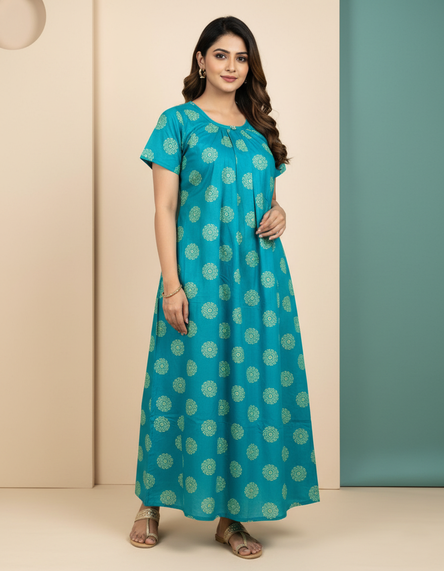Teal Green Pure Cotton Nighty | Free Size | Limited Edition Design | Print 5