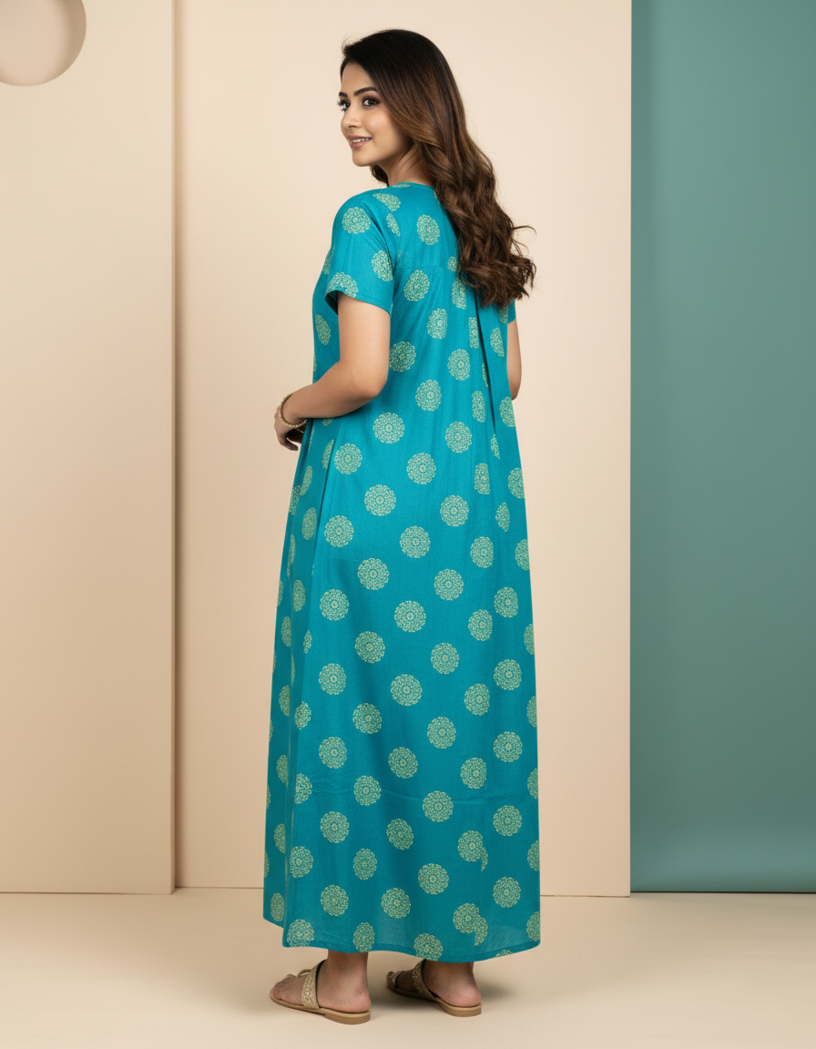 Teal Green Pure Cotton Nighty | Free Size | Limited Edition Design | Print 5