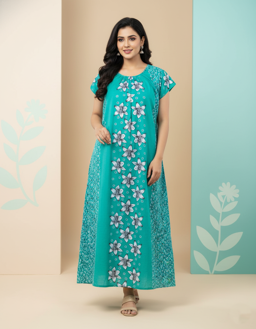 Teal Green Pure Cotton Nighty | Free Size | Limited Edition Design | Print 6