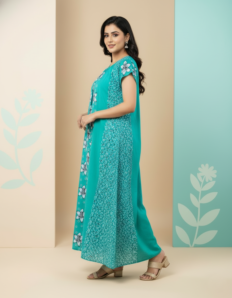 Teal Green Pure Cotton Nighty | Free Size | Limited Edition Design | Print 6