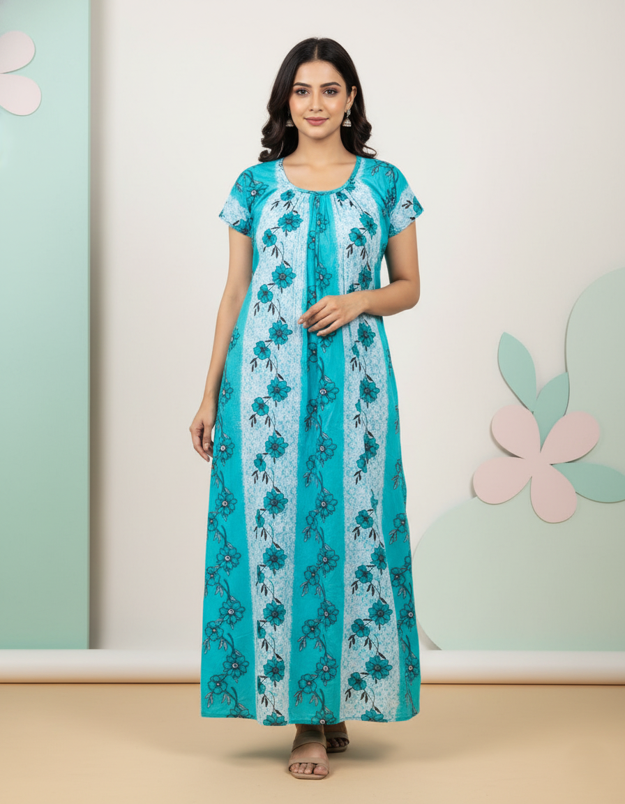 Teal Green Pure Cotton Nighty | Free Size | Limited Edition Design | Print 9