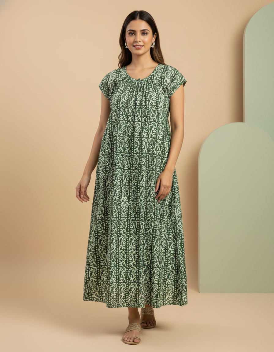 Green Pure Cotton Nighty | Free Size | Limited Edition Design | Print 1