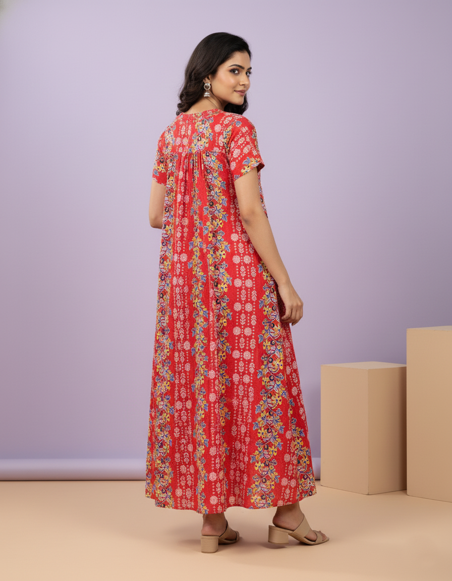 Red Pure Cotton Nighty | Free Size | Limited Edition Design | Print 1