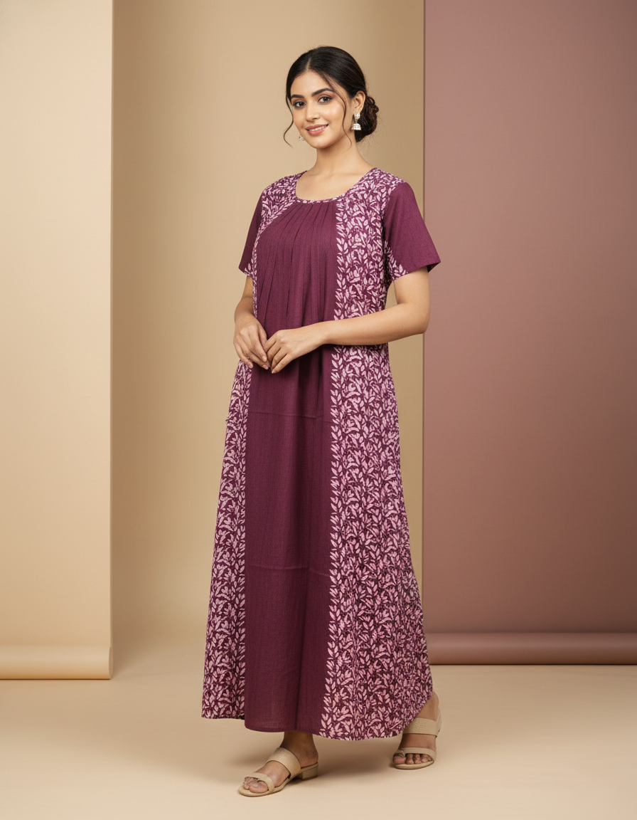 Maroon Pure Cotton Nighty | Free Size | Limited Edition Design | Print 2