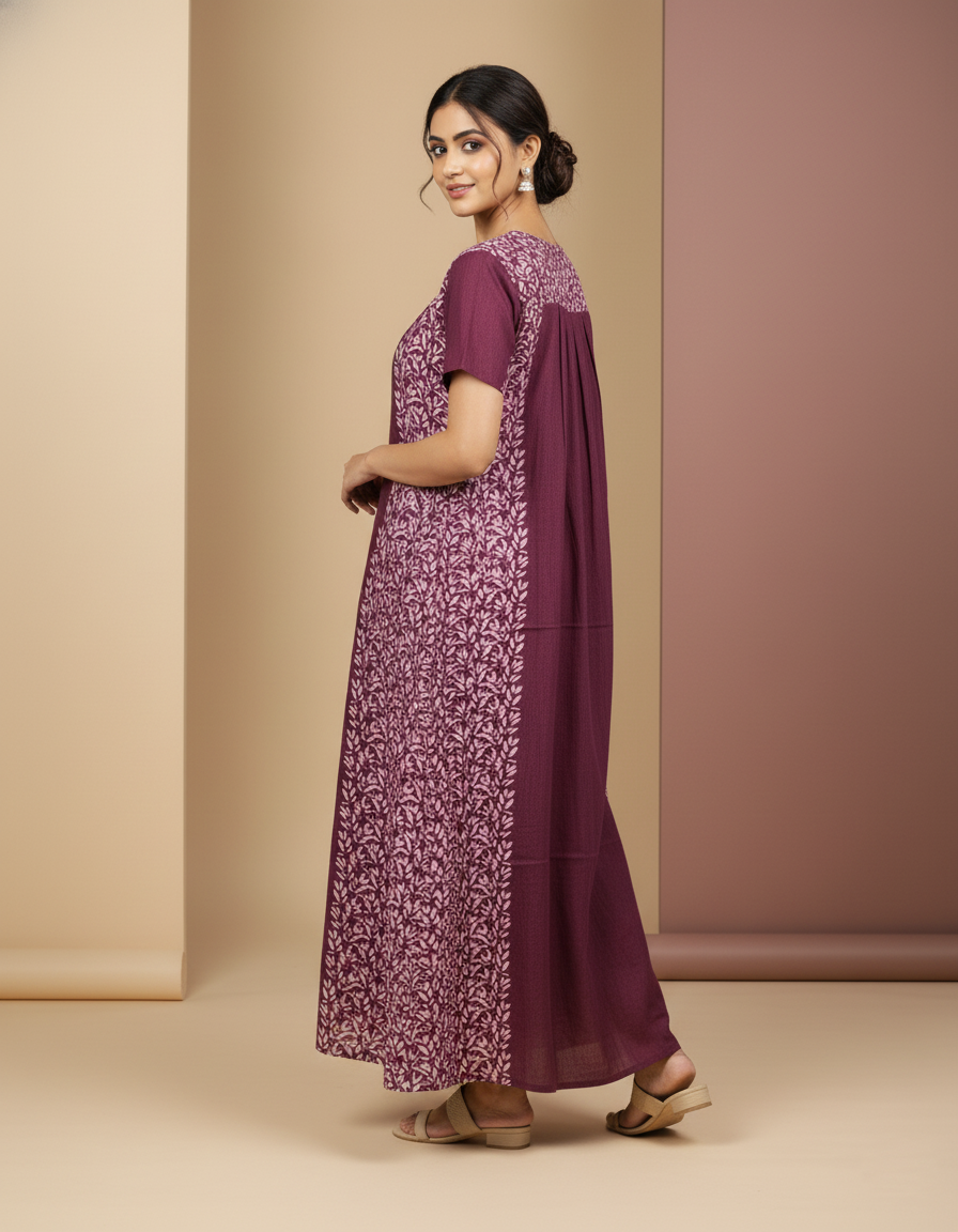 Maroon Pure Cotton Nighty | Free Size | Limited Edition Design | Print 2