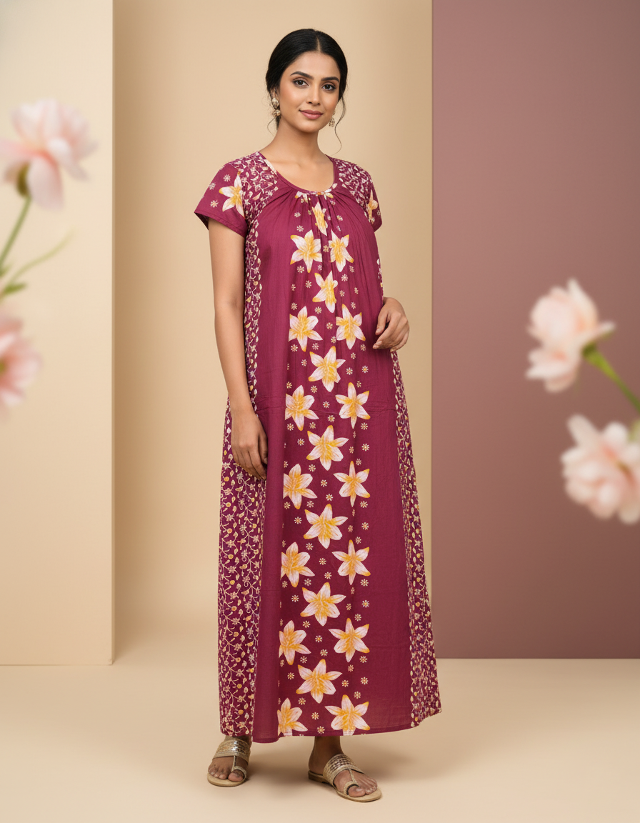 Maroon Pure Cotton Nighty | Free Size | Limited Edition Design | Print 1