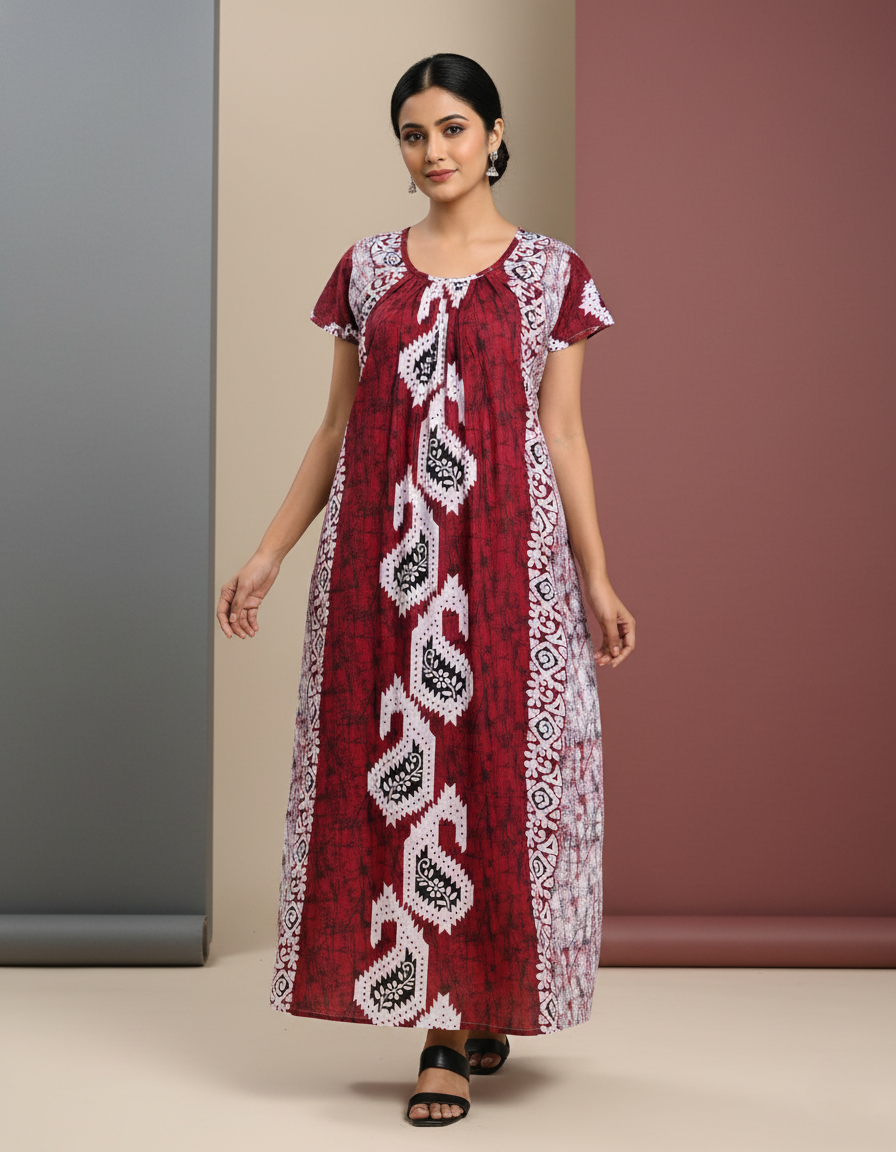 Maroon Pure Cotton Nighty | Free Size | Limited Edition Design | Print 3