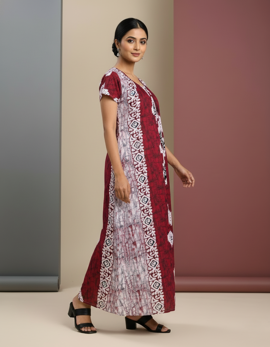 Maroon Pure Cotton Nighty | Free Size | Limited Edition Design | Print 3