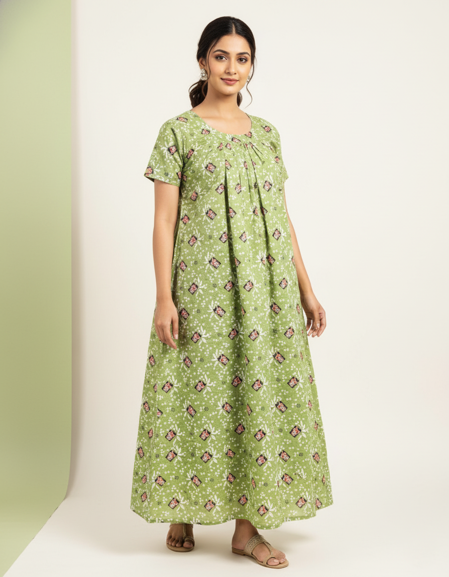 Green Pure Cotton Nighty | Free Size | Limited Edition Design | Print 4