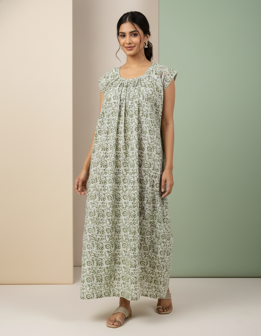 Green Pure Cotton Nighty | Free Size | Limited Edition Design | Print 7
