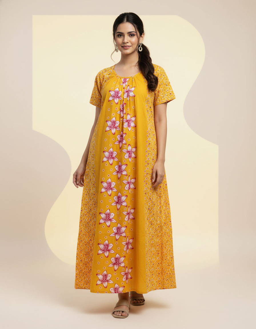 Yellow Pure Cotton Nighty | Free Size | Limited Edition Design | Print 1