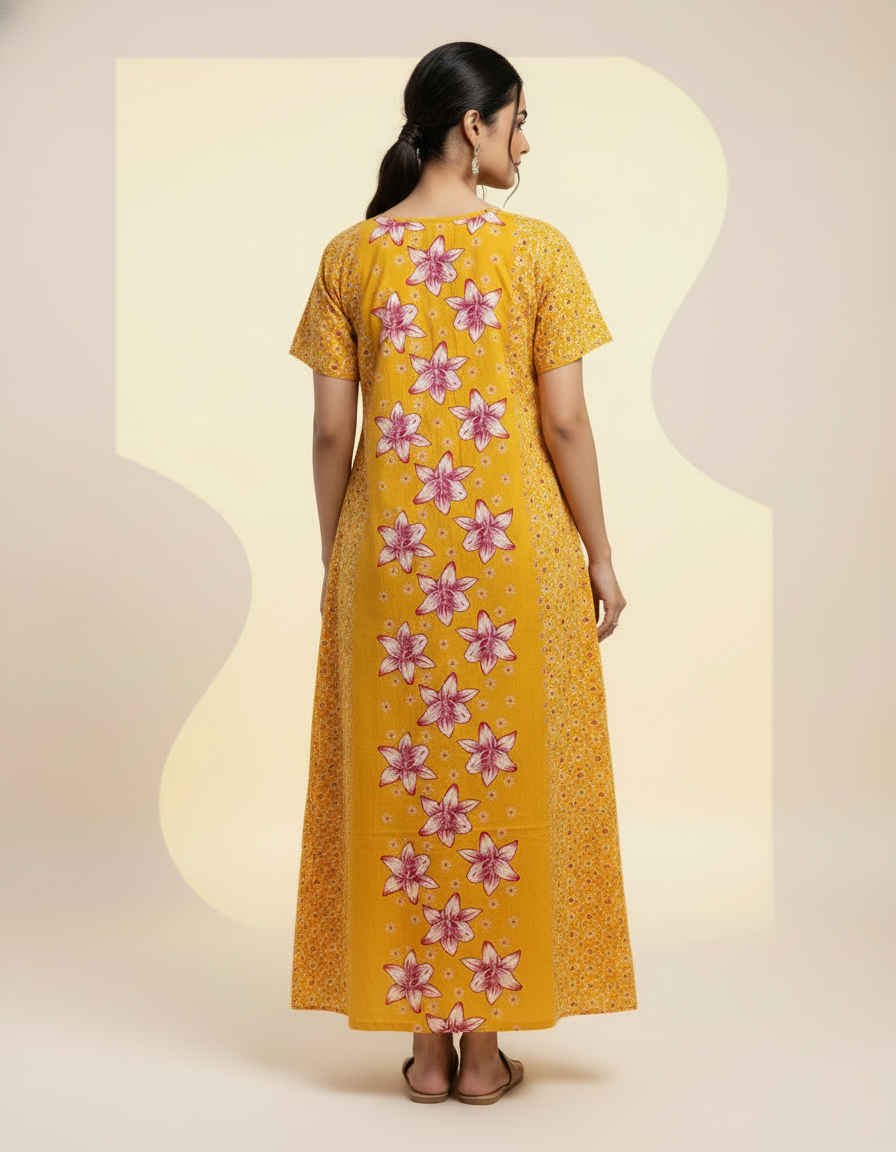 Yellow Pure Cotton Nighty | Free Size | Limited Edition Design | Print 1