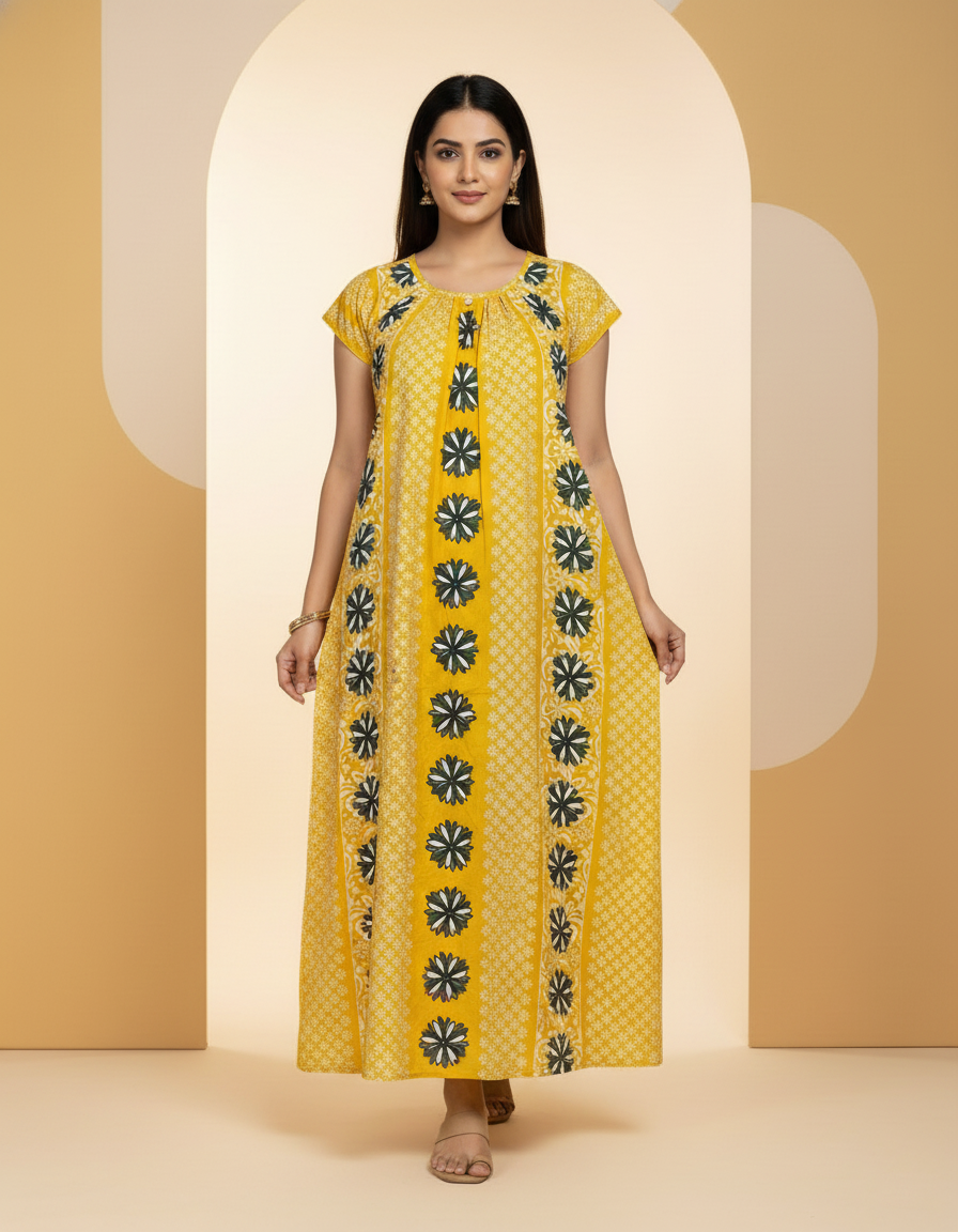 Yellow Pure Cotton Nighty | Free Size | Limited Edition Design | Print 3