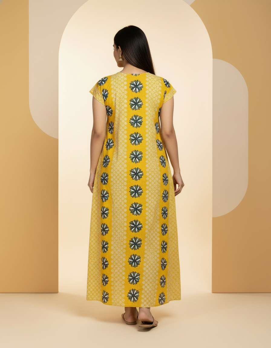 Yellow Pure Cotton Nighty | Free Size | Limited Edition Design | Print 3
