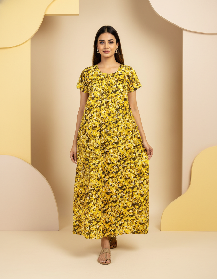Yellow Pure Cotton Nighty | Free Size | Limited Edition Design | Print 4