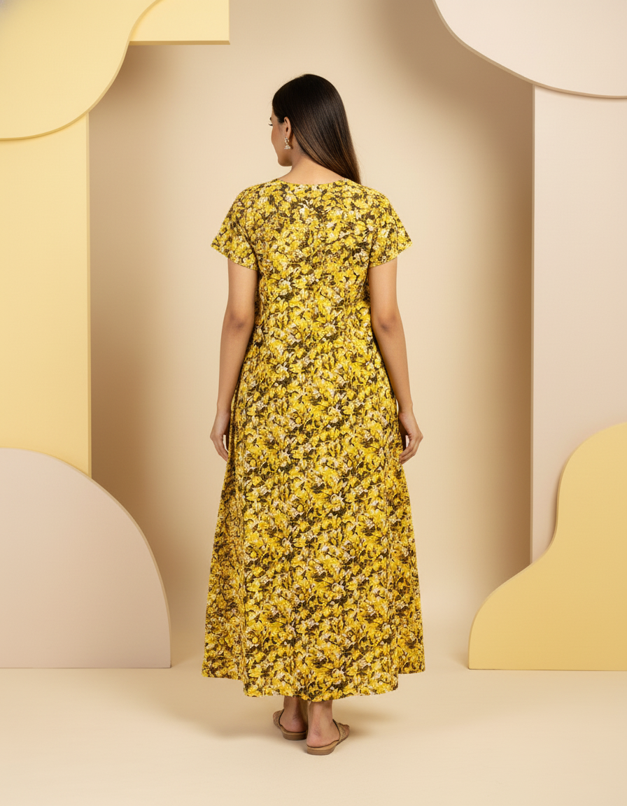 Yellow Pure Cotton Nighty | Free Size | Limited Edition Design | Print 4