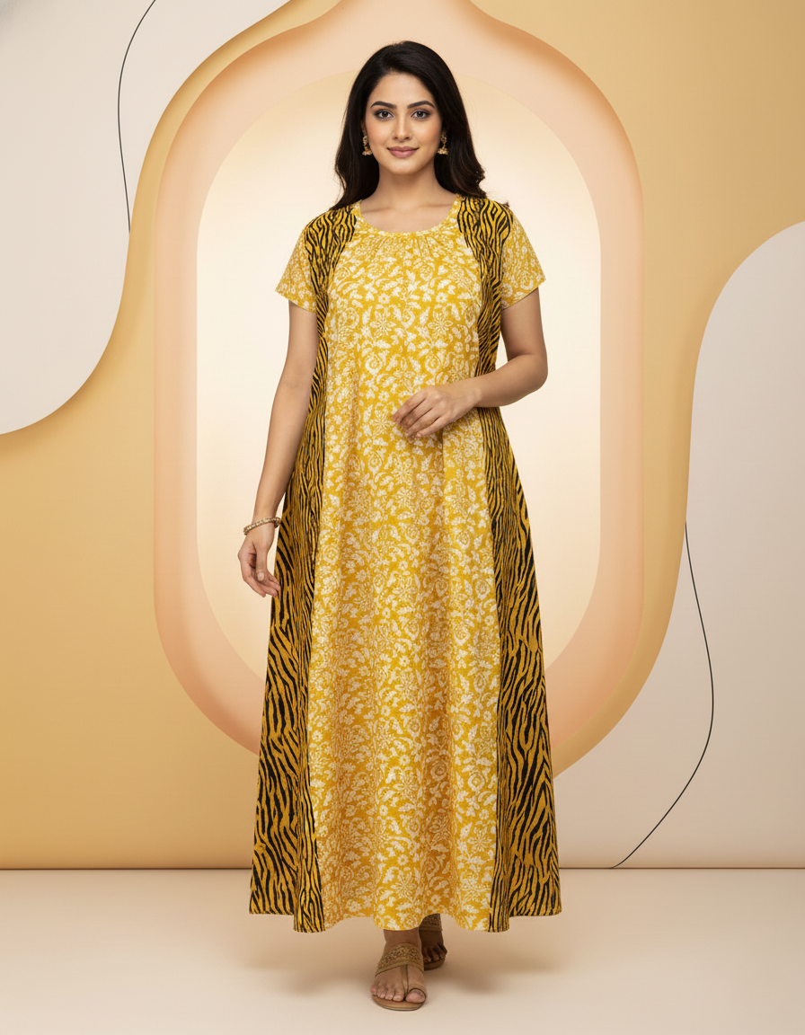 Yellow Pure Cotton Nighty | Free Size | Limited Edition Design | Print 5