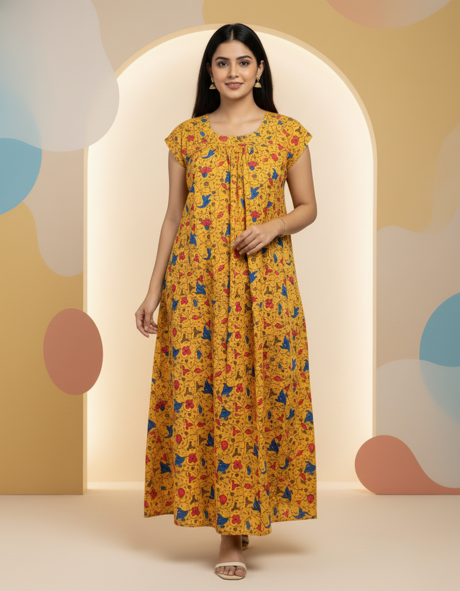 Yellow Pure Cotton Nighty | Free Size | Limited Edition Design | Print 7