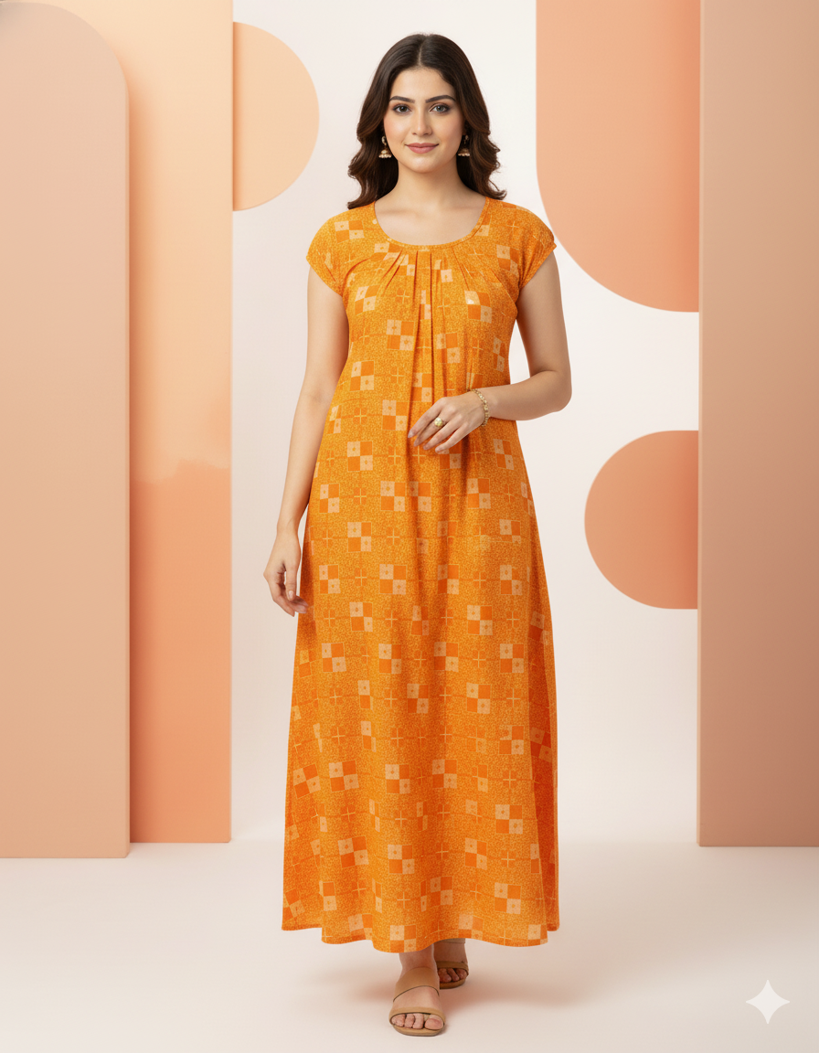 Orange Pure Cotton Nighty | Free Size | Limited Edition Design | Print 1
