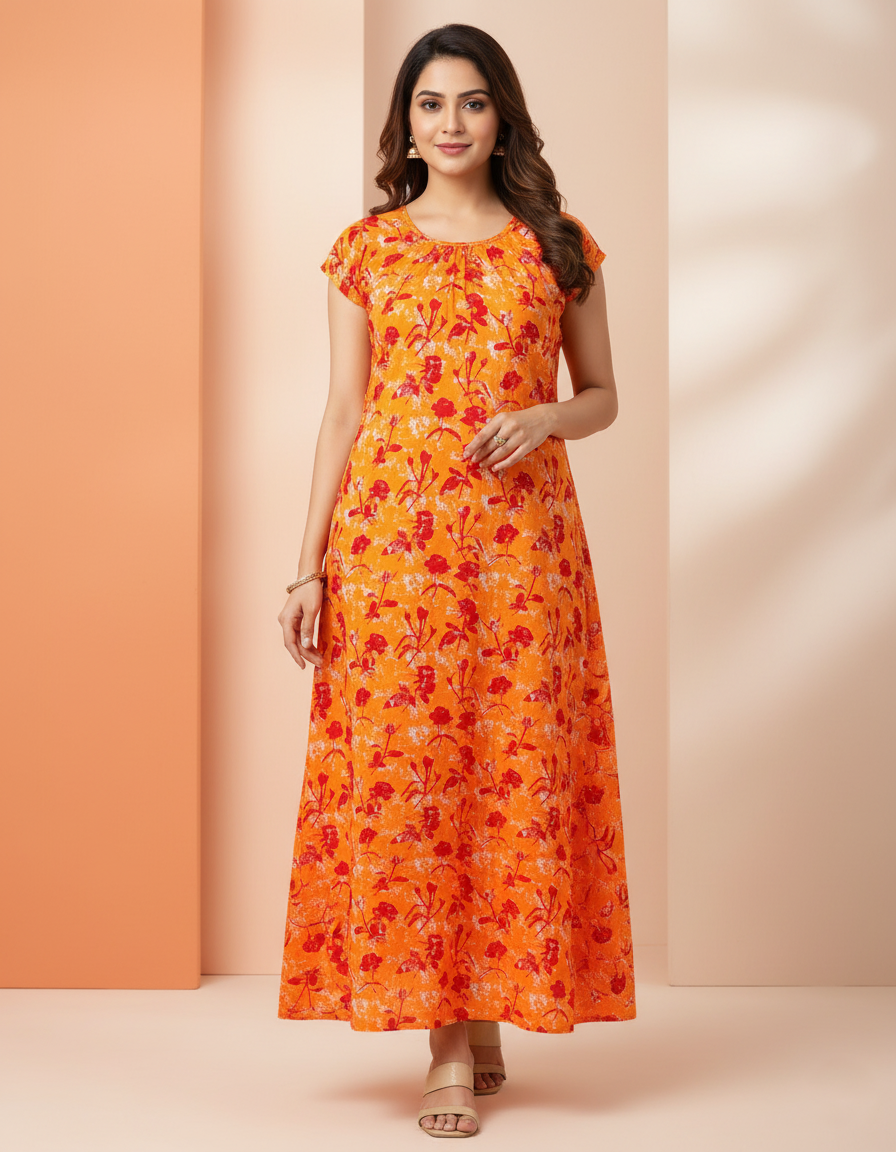 Orange Pure Cotton Nighty | Free Size | Limited Edition Design | Print 2