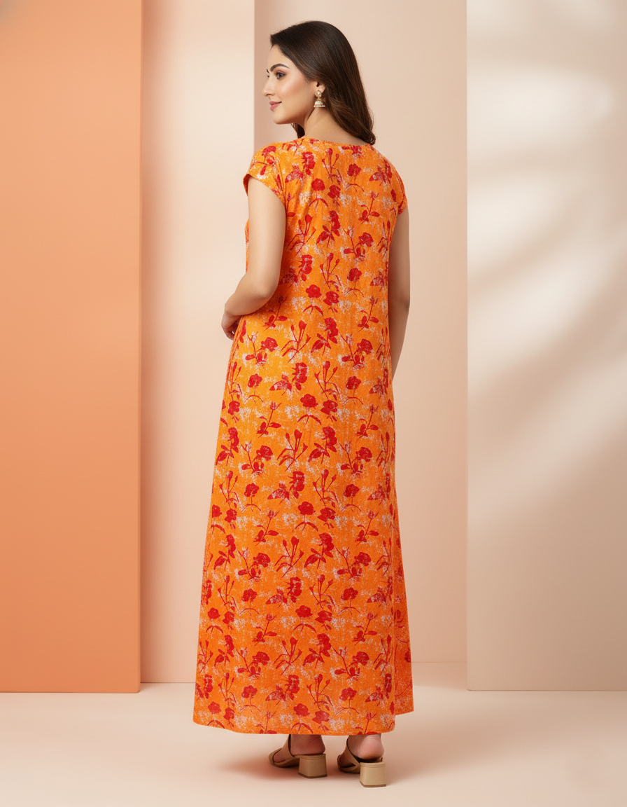 Orange Pure Cotton Nighty | Free Size | Limited Edition Design | Print 2