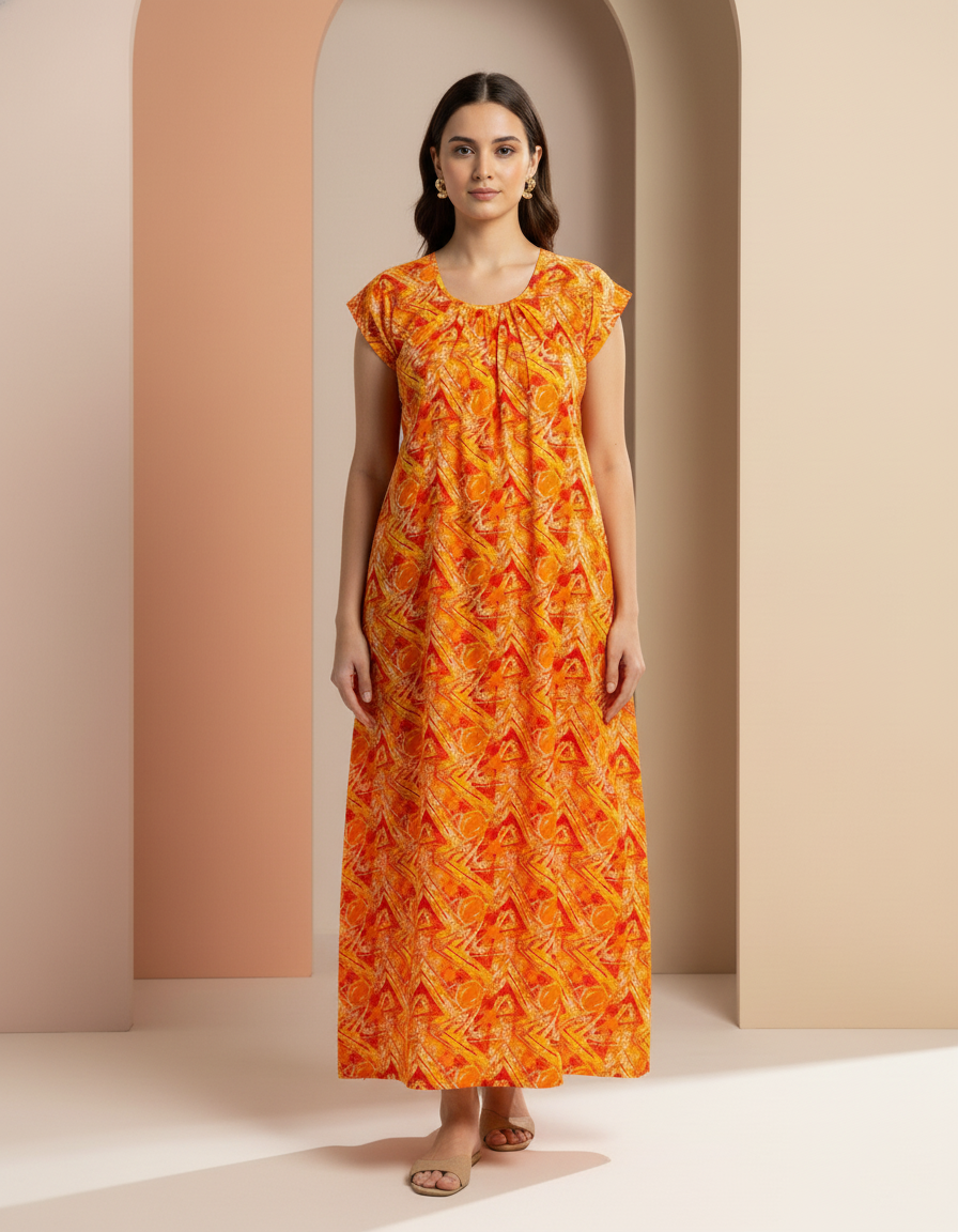 Orange Pure Cotton Nighty | Free Size | Limited Edition Design | Print 7
