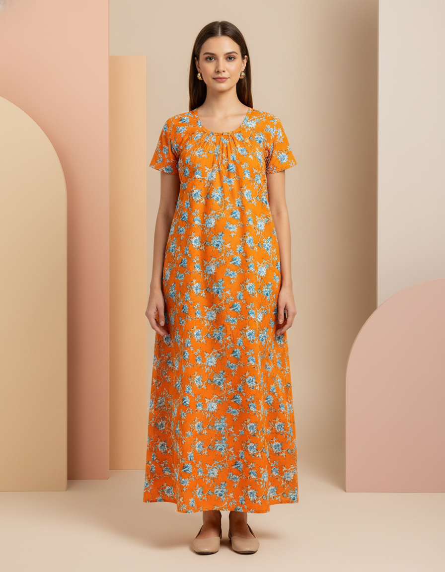 Orange Pure Cotton Nighty | Free Size | Limited Edition Design | Print 9