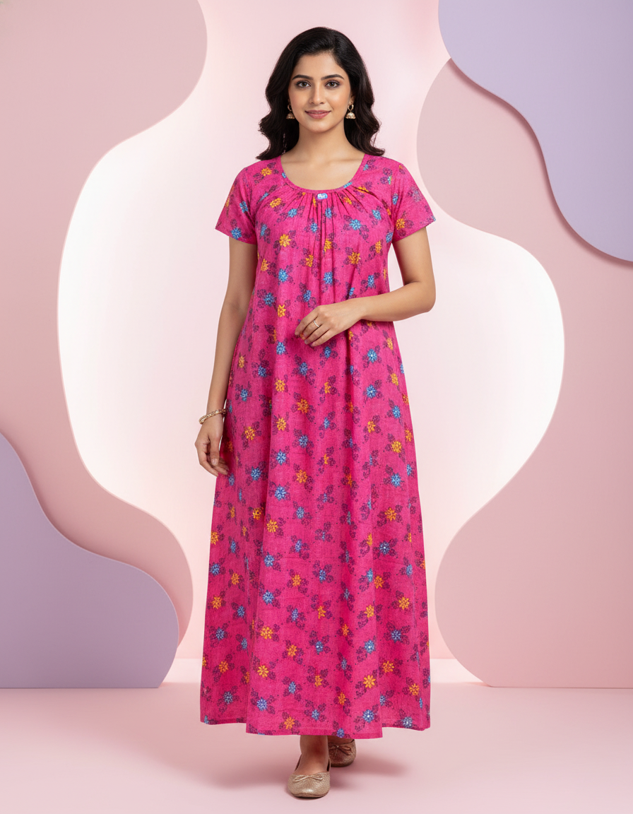 Pink Pure Cotton Nighty | Free Size | Limited Edition Design | Print 1