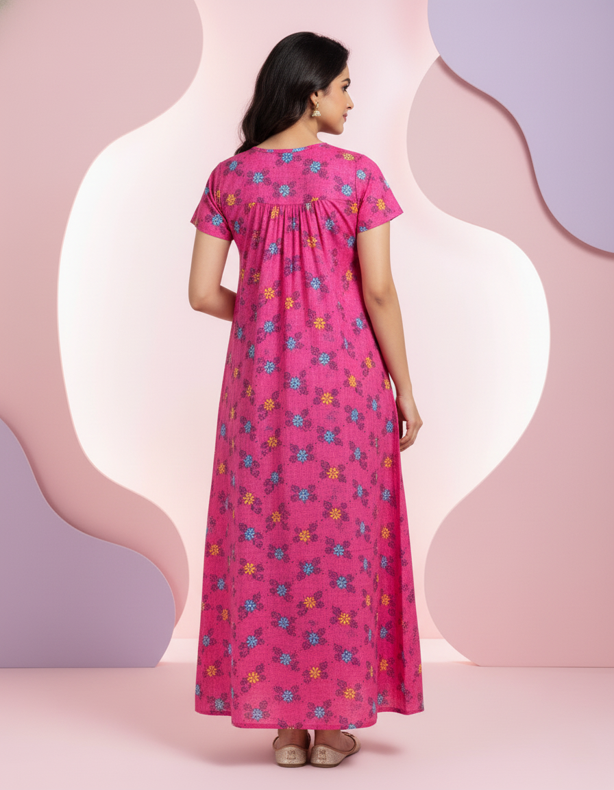 Pink Pure Cotton Nighty | Free Size | Limited Edition Design | Print 1