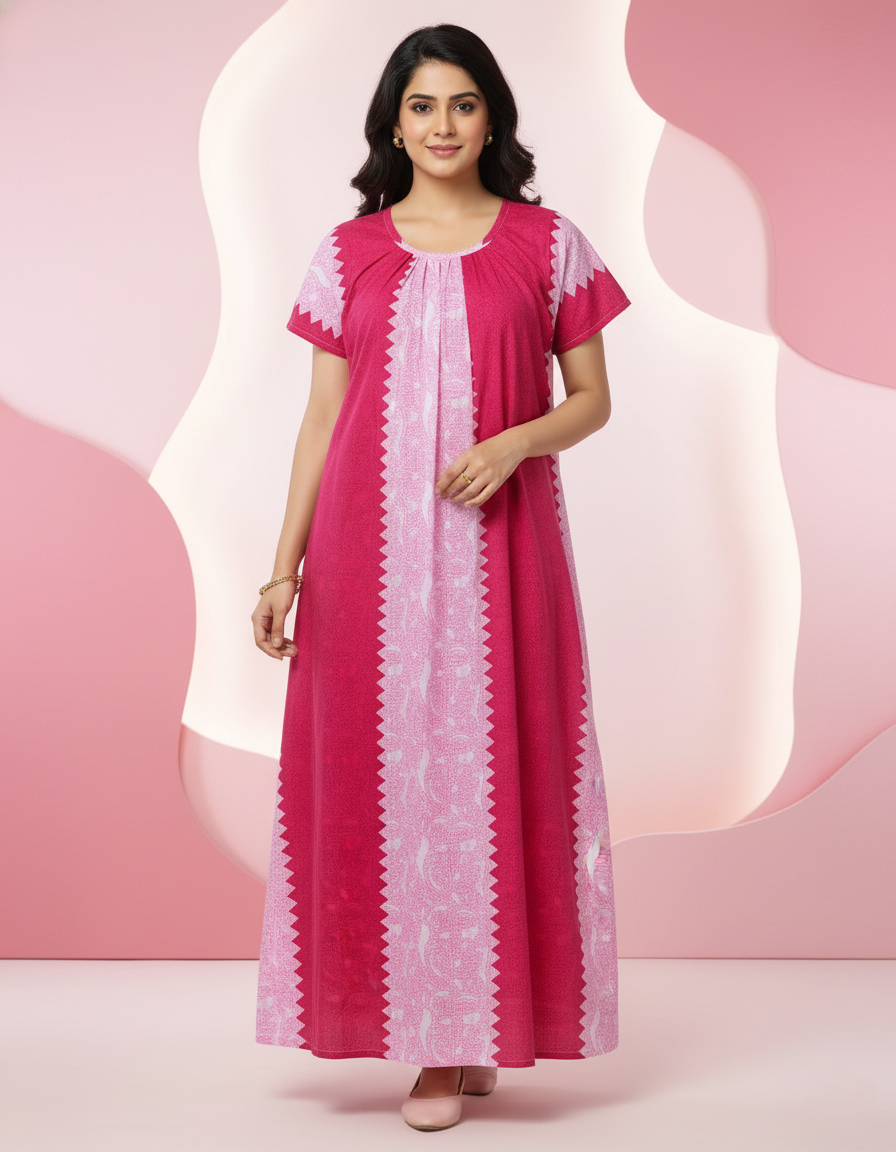 Pink Pure Cotton Nighty | Free Size | Limited Edition Design | Print 2