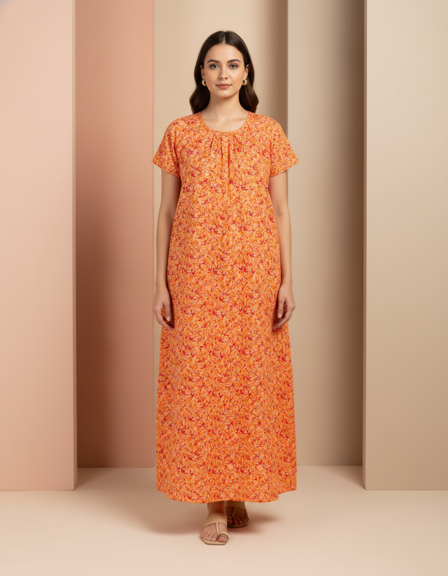 Orange Pure Cotton Nighty | Free Size | Limited Edition Design | Print 12