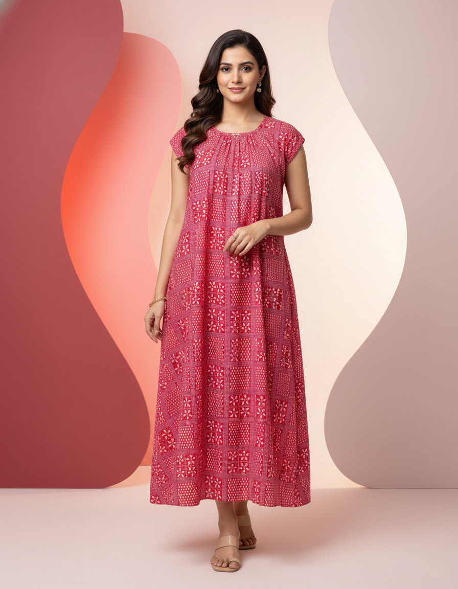 Pink Pure Cotton Nighty | Free Size | Limited Edition Design | Print 4